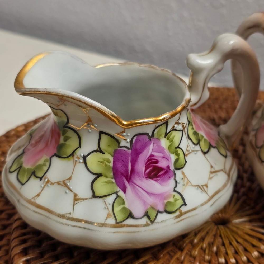 Antique 1890s Nippon Hand Painted Rose Porcelain Creamer & Sugar Bowl Set No Lid - Picture 2 of 16